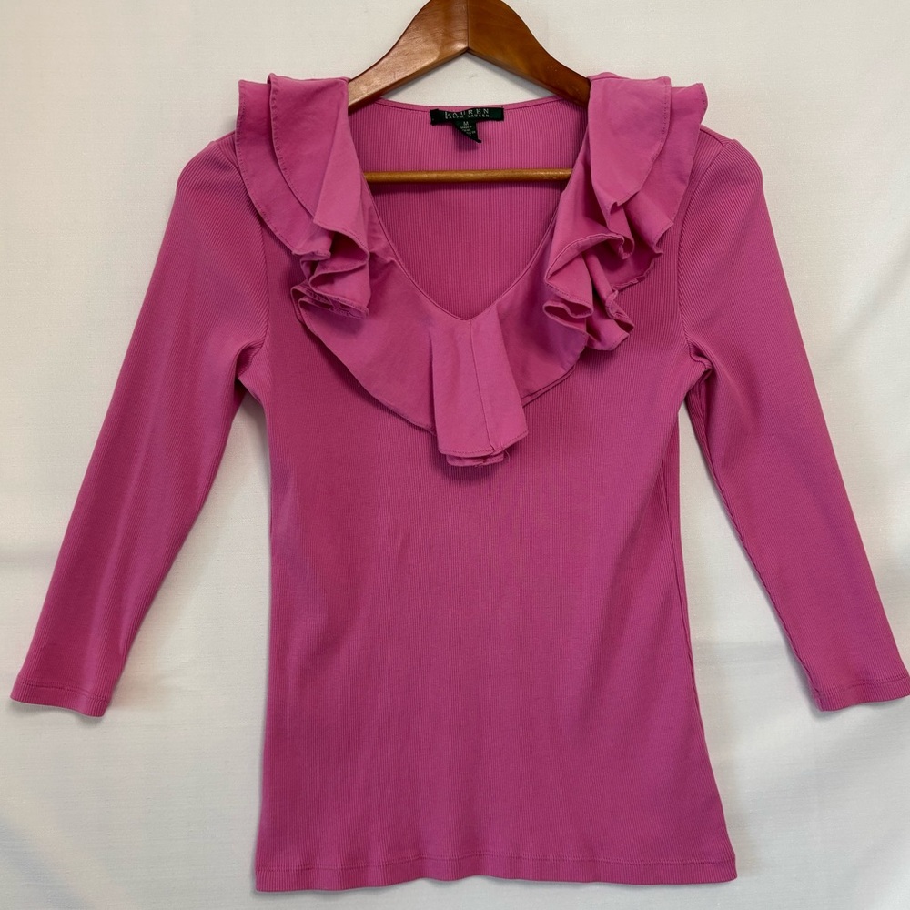 LAUREN RALPH LAUREN Pink Ruffled Ribbed Blouse Size Medium